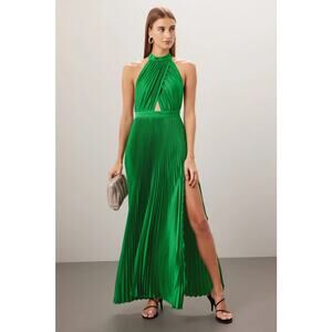 L’IDEE Sz10 Emerald Green Pleated Satin Halter Renaissance Cocktail Evening Gown